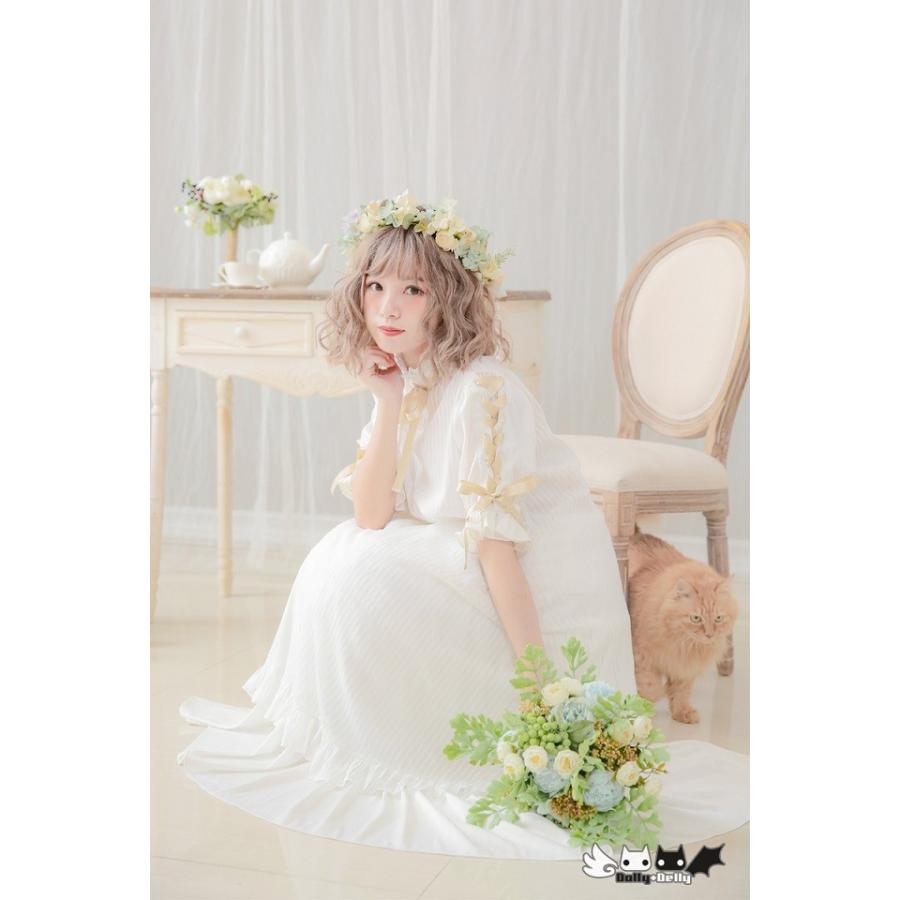 ロリータ服 ロリータファッション Dolly Delly お袖 編み上げ 半袖 クルーネック 膝丈ワンピース ロングワンピース ストライプ リボン カ_3