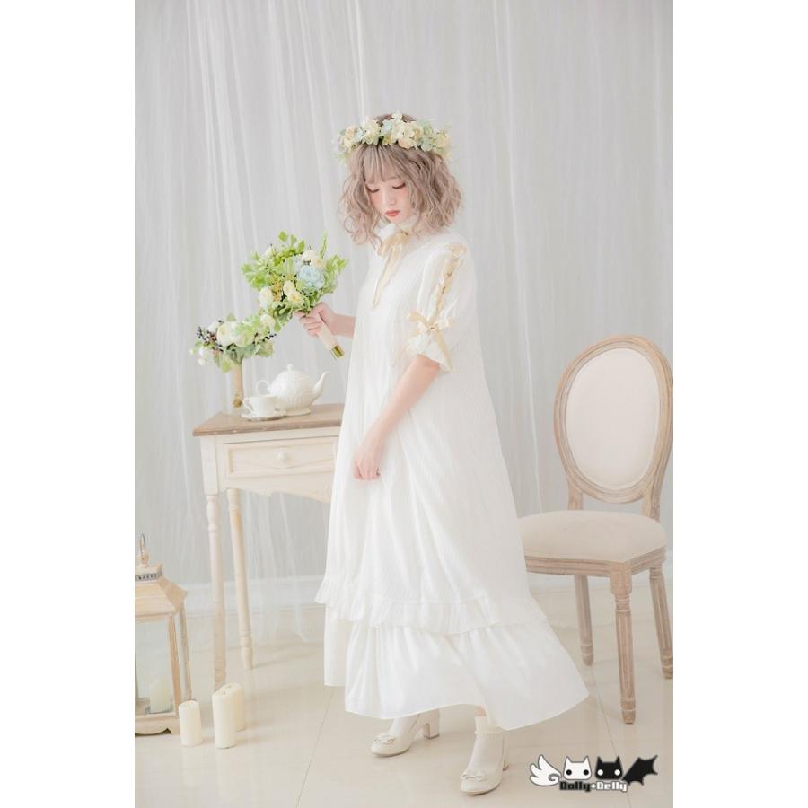 ロリータ服 ロリータファッション Dolly Delly お袖 編み上げ 半袖 クルーネック 膝丈ワンピース ロングワンピース ストライプ リボン カ_4