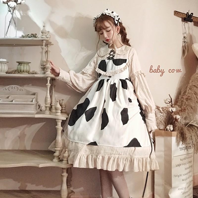 大好き ロリータ牛柄ワンピースワンピのみop ミルク甘ロリかわいいフリルひざ下丈エプロンレースアップ 大感謝セール