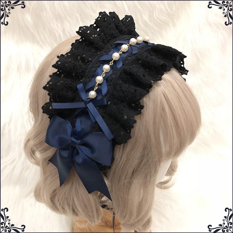 ロリータ 黒 ネイビー ゴシックヘッドドレス リボン ヘアアクセサリー