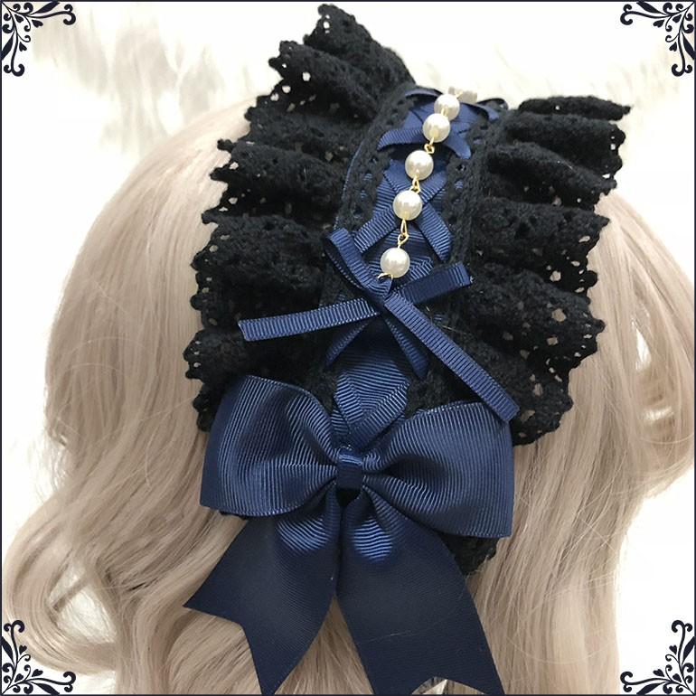 ロリータ 黒 ネイビー ゴシックヘッドドレス リボン ヘアアクセサリー