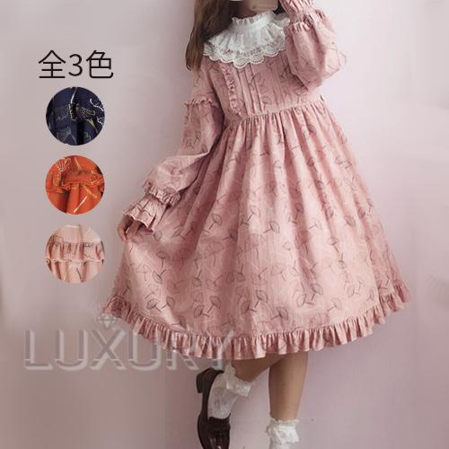 ロリータ服 ワンピース3色 Lulu's garden 甘ロリ レース襟 Aライン 総