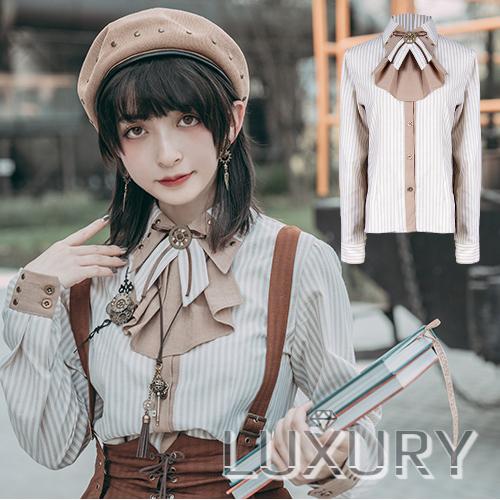 ロリーター 春夏 シャツ ブラウス 春夏 長袖 ストライプ リボン リボン ストライプ ロリータファッション かわいい Luxury