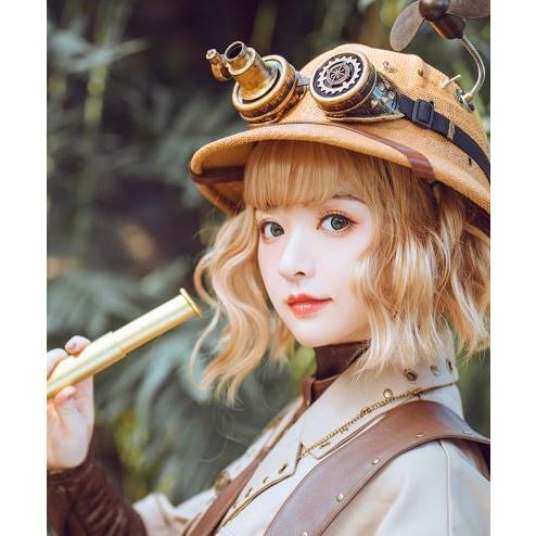 ロリータ服 ロリータファッション スチームパンクゴーグル付きストローハット 帽子 steampunk 草編み フリーサイズ 春夏 ゴスロリ ロリータフの画像