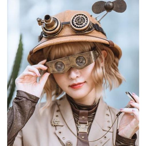 ロリータ服 ロリータファッション スチームパンクゴーグル付きストローハット 帽子 steampunk 草編み フリーサイズ 春夏 ゴスロリ ロリータフの画像
