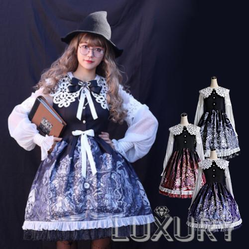 ロリータ ワンピース3色 ブラック ワイン ネイビー プリント ゴシック ふんわり フリル レース リボン ゴスロリ 春物 長袖 ミディアム丈 ひざ丈 ロリータファッ Loli2300 Luxury ラグジュアリ 通販 Yahoo ショッピング