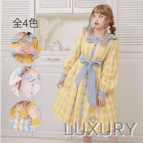 ロリータ服 DollyDelly パステルカラー ワンピース リボン ピンク イエロー ボタン ミディアム カジュアル 上品 ワンサイズ 長袖 パフス｜loliloli