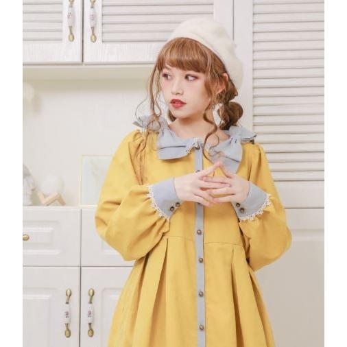 ロリータ服 DollyDelly パステルカラー ワンピース リボン ピンク イエロー ボタン ミディアム カジュアル 上品 ワンサイズ 長袖 パフス｜loliloli｜04