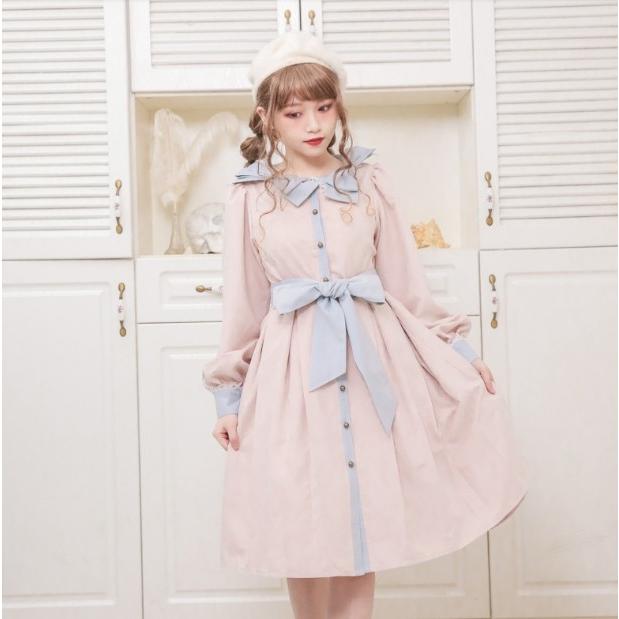 ロリータ服 DollyDelly パステルカラー ワンピース リボン ピンク イエロー ボタン ミディアム カジュアル 上品 ワンサイズ 長袖 パフス｜loliloli｜08