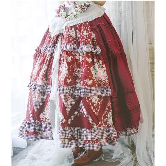 ロリータ服 スカート2色 グリーン レッド 花柄 甘ロリ フリル ガーリー