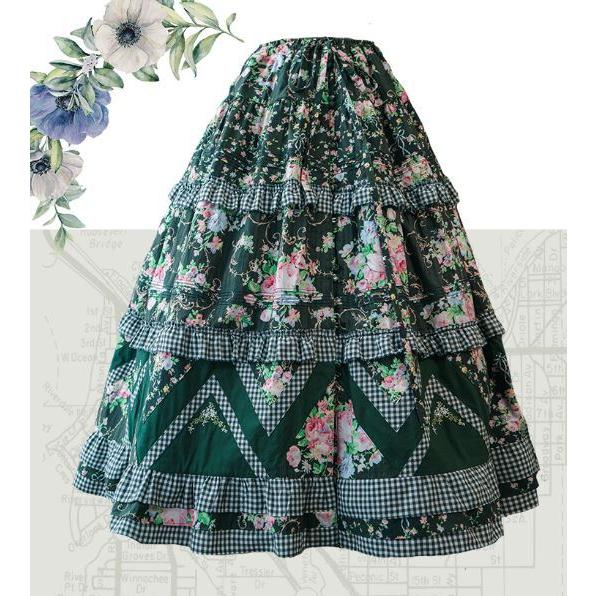 ロリータ服 スカート2色 グリーン レッド 花柄 甘ロリ フリル ガーリー 