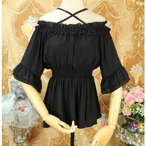 ロリータ クロス ストラップ ブラウス 甘ロリ シフォン オフショル ペプラム 一部即納】ロリータ服 クロス ストラップ ブラウス 3色 甘ロリ