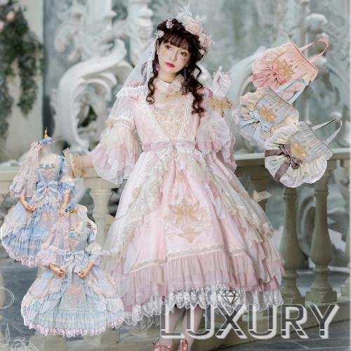 偉大な ロリータ ドレス ヘッドドレス バッグ3点セット3色 ロココ調 ふんわり ワンピース ワンピ フレア袖 長袖 秋冬 パーティ レース フリル リボン フレア ミディア 最新の激安 Zoetalentsolutions Com