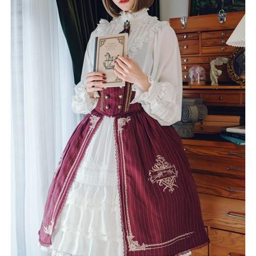 ロリータ服 ロリータファッション ミディアムスカート 3色 秋冬 クラシカル クラロリ 上品 学生風 学園風 英国風 ストライプ コルセット付き ふん_7