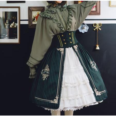 ロリータ服 ロリータファッション ミディアムスカート 3色 秋冬 クラシカル クラロリ 上品 学生風 学園風 英国風 ストライプ コルセット付き ふん_8