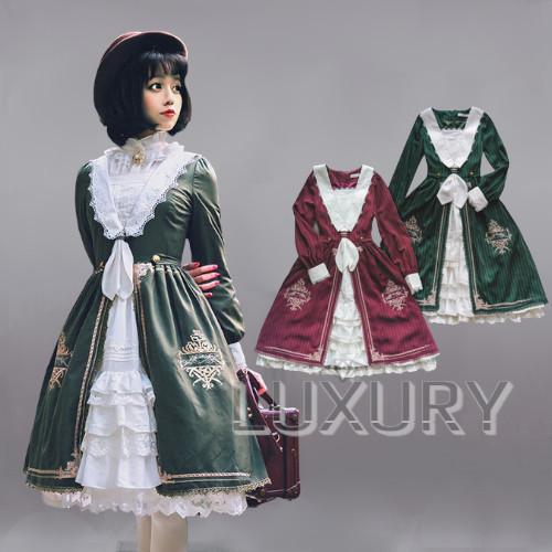 ワンピース 4色 秋冬 クラシカル クラロリ ミディアム ひざ丈 長袖 上品 学生風 学園風 英国風 ストライプ コルセット付き フレア ふんわり ハイウエスト Loli3456 Luxury ラグジュアリ 通販 Yahoo ショッピング