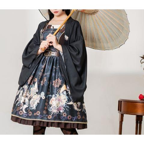 贅沢品 フリーサイズ ゆったり ボリューム ミディアム カーディガン 着物 和服 花柄 きつね プリント ブラック Lolita ロリィタ 和風 和ロリ 羽織り ワンサイズ 通 春秋 ゴシック ロリータ服 サイズ F Sohojapanesedining Com