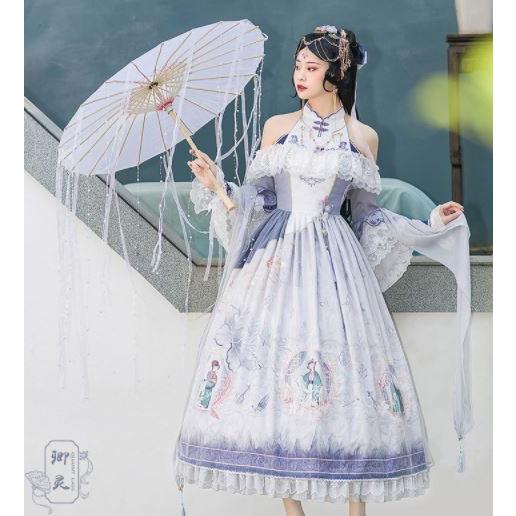 在庫限り ドレスワンピース 華ロリ 中国風 チャイナドレス フレア ロング マキシ パープル フリル ふんわり ハイネック オフショルダー 長袖 大きいサイズ サイズ豊富 人 激安の Aleefsurgical Com