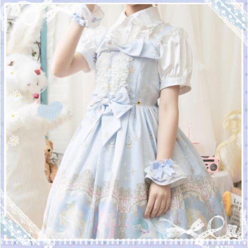 爆買いセール ジャンスカ8色 甘ロリ プリント 星 月 総柄 フリル リボン メイド風 メイド フレア ひざ上丈 ショート丈 ミディアム ふんわり 森ガール かわいい レイヤード ラ 出群