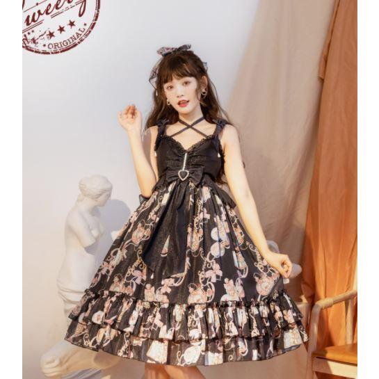 最適な材料 懐中電灯 ウサギ デザイン ジャンスカ ブラック 春夏 ミディアム ロング ひざ下丈 ハート リボン ドレス ふんわり フレア フリル おしゃれ かわいい 甘ロリ 人気が高い Agwauk Com