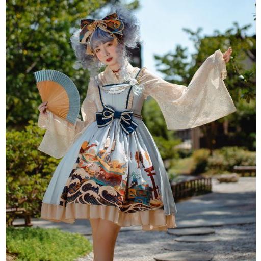 和柄レースアップスカート　スカパン　オッズオン　和ロリ ノエミー NOEMIE ダブルスピンドルレースアップサス付きスカパン （A柄