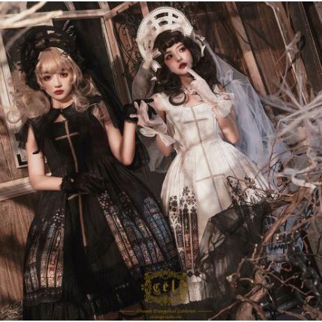 ロリータ服 ロリータファッション ステンドグラス ジャンスカ 2色 春夏 クラシカル クラロリ ミディアム ひざ丈 フレア かわいい 清楚 エレガントの画像