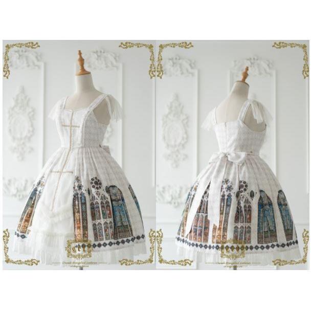 ロリータ服 ロリータファッション ステンドグラス ジャンスカ 2色 春夏 クラシカル クラロリ ミディアム ひざ丈 フレア かわいい 清楚 エレガントの画像
