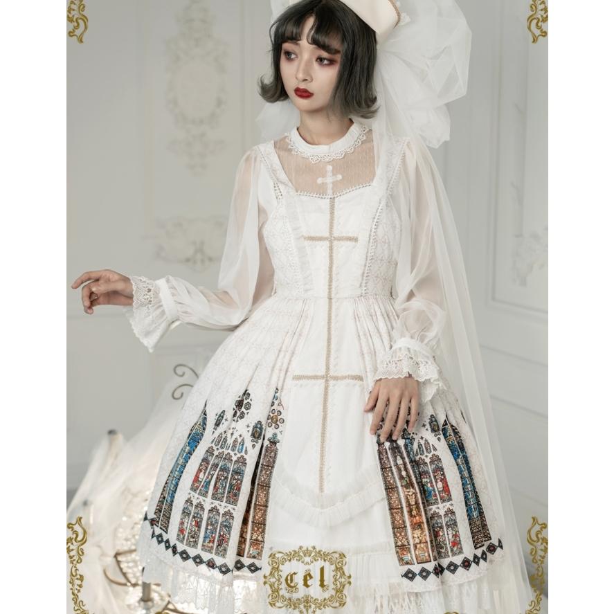 ロリータ服 ロリータファッション ステンドグラス ジャンスカ 2色 春夏 クラシカル クラロリ ミディアム ひざ丈 フレア かわいい 清楚 エレガントの画像