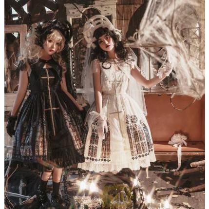 ロリータ服 ロリータファッション ステンドグラス ジャンスカ 2色 春夏 クラシカル クラロリ ミディアム ひざ丈 フレア かわいい 清楚 エレガントの画像