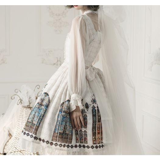 ロリータ服 ロリータファッション ステンドグラス ジャンスカ 2色 春夏 クラシカル クラロリ ミディアム ひざ丈 フレア かわいい 清楚 エレガントの画像