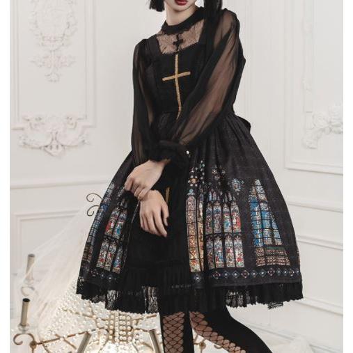 ロリータ服 ロリータファッション ステンドグラス ジャンスカ 2色 春夏 クラシカル クラロリ ミディアム ひざ丈 フレア かわいい 清楚 エレガントの画像