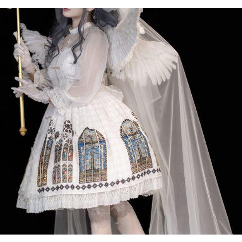 ロリータ服 ロリータファッション ステンドグラス ジャンスカ 2色 春夏 クラシカル クラロリ ミディアム ひざ丈 フレア かわいい 清楚 エレガントの画像