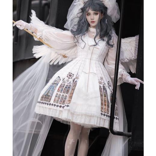 ロリータ服 ロリータファッション ステンドグラス ジャンスカ 2色 春夏 クラシカル クラロリ ミディアム ひざ丈 フレア かわいい 清楚 エレガントの画像