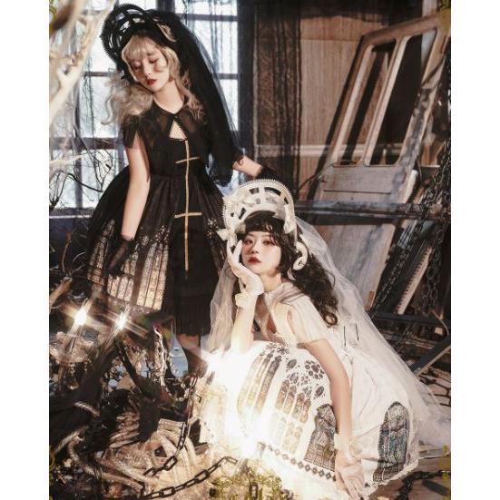 ロリータ服 ロリータファッション ステンドグラス ジャンスカ 2色 春夏 クラシカル クラロリ ミディアム ひざ丈 フレア かわいい 清楚 エレガントの画像