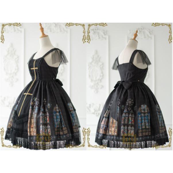 ロリータ服 ロリータファッション ステンドグラス ジャンスカ 2色 春夏 クラシカル クラロリ ミディアム ひざ丈 フレア かわいい 清楚 エレガントの画像