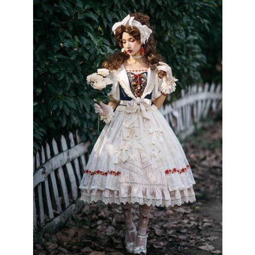 卸売正規 白雪姫 ワンピース 春夏 ロング リボン ひざ下丈 フリル ミモレ丈 春夏 クラシカル クラロリ プリンセス レースアップ リボン フレア フリル レース エレガント 大きいサイズ Loli4459 Luxury ラグジュアリ 原価割れ