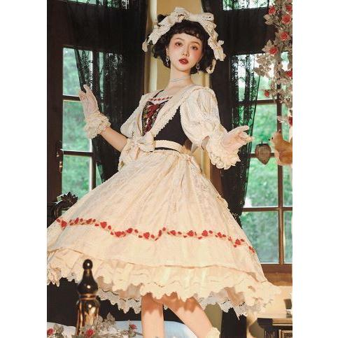 卸売正規 白雪姫 ワンピース 春夏 ロング リボン ひざ下丈 フリル ミモレ丈 春夏 クラシカル クラロリ プリンセス レースアップ リボン フレア フリル レース エレガント 大きいサイズ Loli4459 Luxury ラグジュアリ 原価割れ