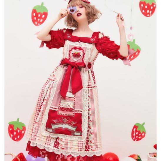 いちごワンピース 4色 春夏 春秋 ひざ下丈 甘ロリ 森ガール 春夏 メイド 森ガール メイド風 フリル 切り替え おしゃれ いちご ストロベリー かわいい 刺しゅう ロング ひざ下丈 ミモレ丈 Loli4484 Luxury ラグジュアリ