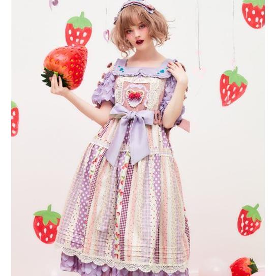 いちごワンピース 4色 春夏 春秋 ひざ下丈 甘ロリ 森ガール 春夏 メイド 森ガール メイド風 フリル 切り替え おしゃれ いちご ストロベリー かわいい 刺しゅう ロング ひざ下丈 ミモレ丈 Loli4484 Luxury ラグジュアリ