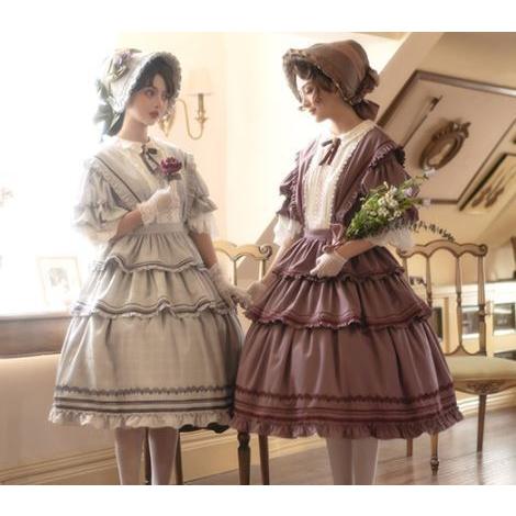 ロリータ服 ロリータファッション ドレスワンピース 4色 春秋 半袖 七分袖 フリル レース フレア ミディアム ひざ丈 ドレス ワンピ ワンピースの画像