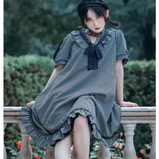 オリジナルlolita スチームパンク風 プリントロリータフルセット　L271＃ ロリータ服 ロリータファッション ストライプワンピース Steampunk