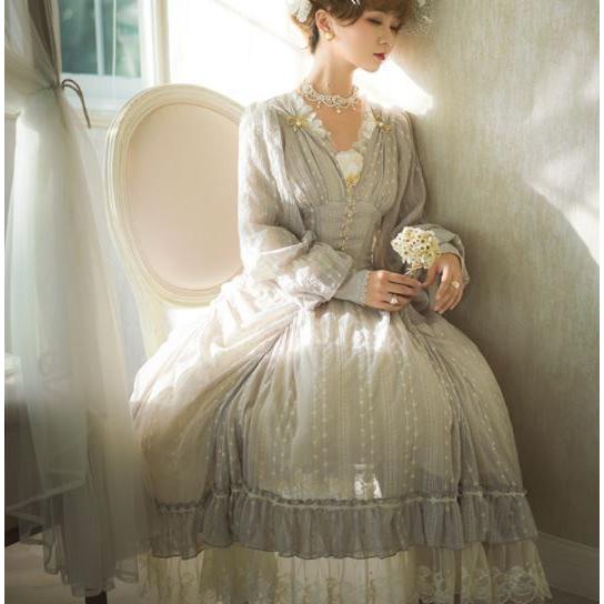 ロリータ服 ロリータファッション クラシカルワンピース 2色 春秋 春夏 パフスリーブ ロング ウエストマーク クラシカル クラロリ 姫ロリ 撮影 エの画像