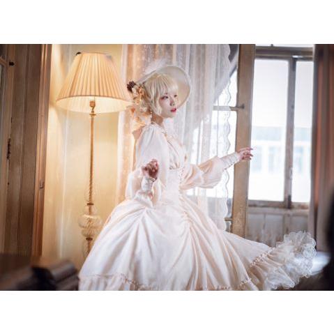 ロリータ服 ロリータファッション クラシカルワンピース 2色 春秋 春夏 パフスリーブ ロング ウエストマーク クラシカル クラロリ 姫ロリ 撮影 エの画像