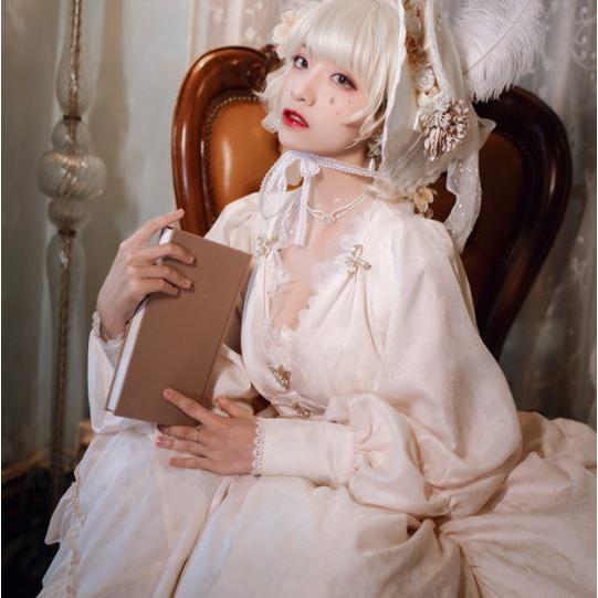 ロリータ服 ロリータファッション クラシカルワンピース 2色 春秋 春夏 パフスリーブ ロング ウエストマーク クラシカル クラロリ 姫ロリ 撮影 エの画像