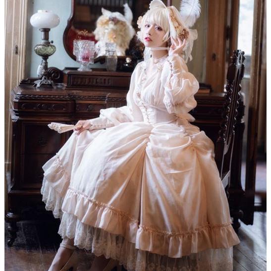 ロリータ服 ロリータファッション クラシカルワンピース 2色 春秋 春夏 パフスリーブ ロング ウエストマーク クラシカル クラロリ 姫ロリ 撮影 エの画像