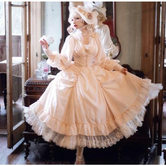 ロリータ服 ロリータファッション クラシカルワンピース 2色 春秋 春夏 パフスリーブ ロング ウエストマーク クラシカル クラロリ 姫ロリ 撮影 エの画像