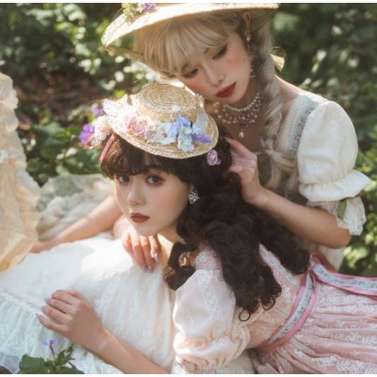 【美品】薔薇のお茶会ワンピース/ロリィタ/半袖/リボン 薔薇のお茶会ワンピース ロリィタ ワンピース 生成 リボン 薔薇