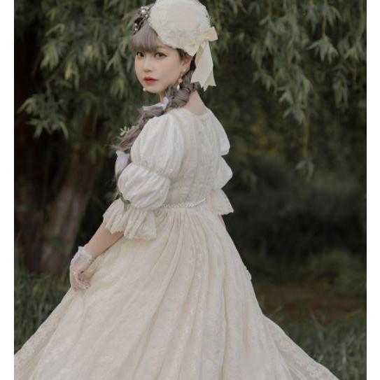 【美品】薔薇のお茶会ワンピース/ロリィタ/半袖/リボン 薔薇のお茶会ワンピース ロリィタ 半袖 op 生成 刺繍 白 リボン 中華