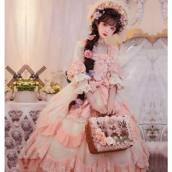 【M即納あり】ロリータ服 ロリータファッション ドレスワンピース 春夏 ワンピースのみ 七分袖 フリル袖 パフスリーブ 姫袖 花嫁 ウエディングドレスの画像