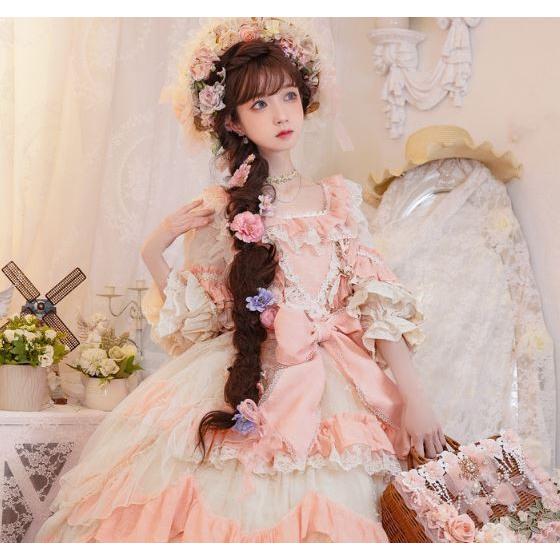 【M即納あり】ロリータ服 ロリータファッション ドレスワンピース 春夏 ワンピースのみ 七分袖 フリル袖 パフスリーブ 姫袖 花嫁 ウエディングドレスの画像